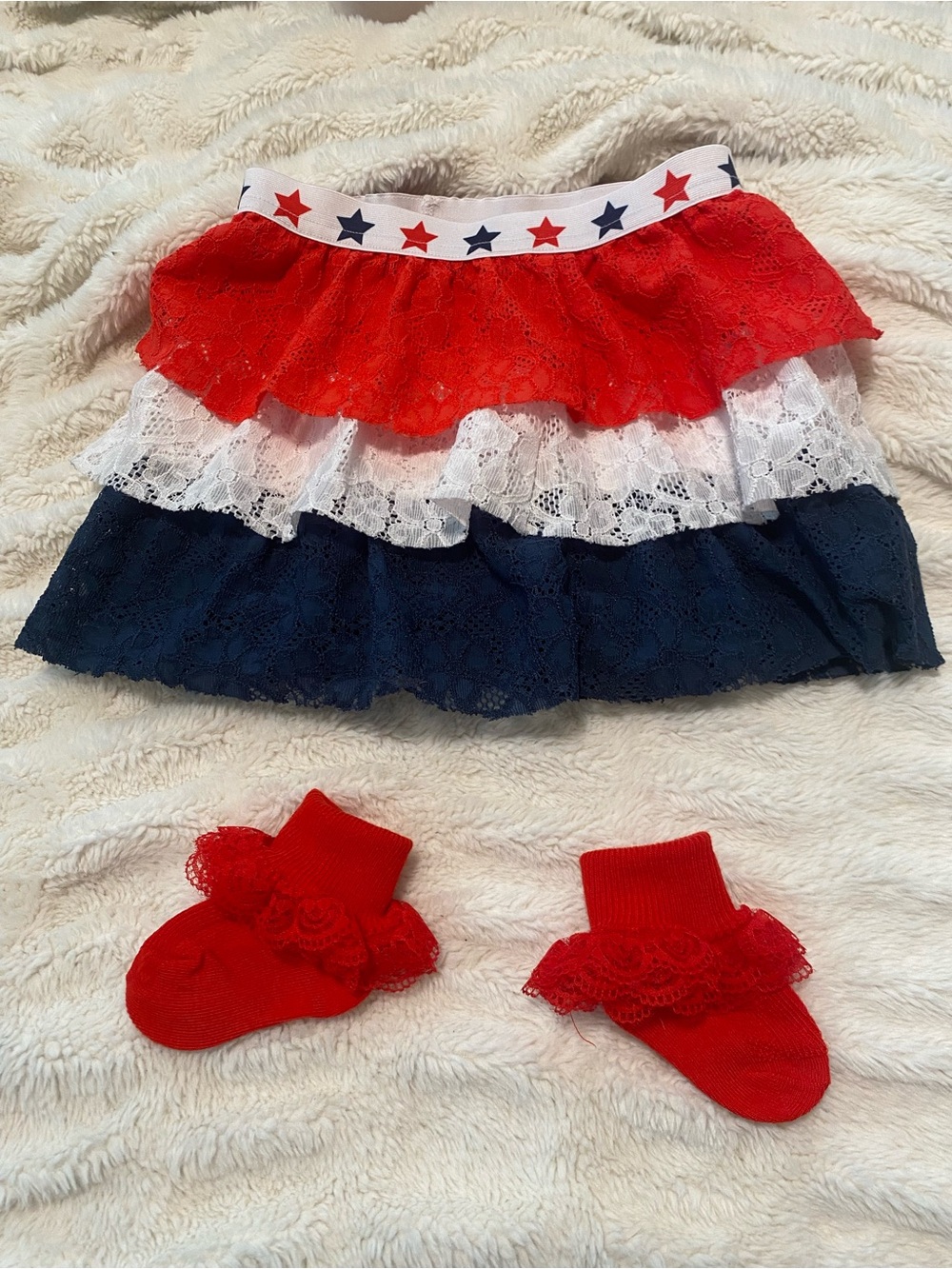 Patriotic Red White Navy Lace Ruffle Skirt with Ruffled Socks